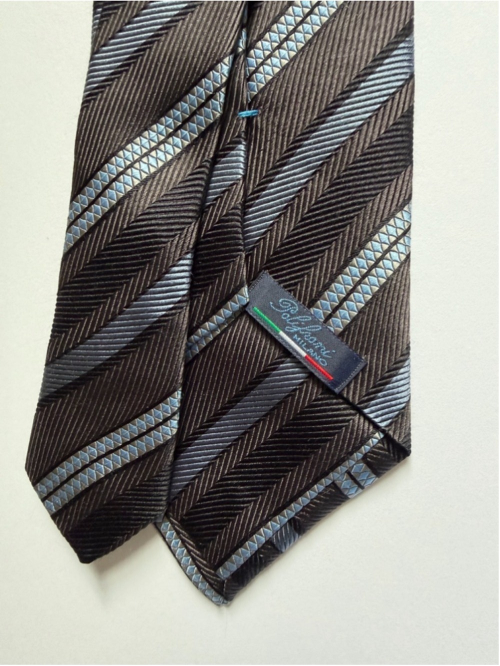 Polifroni Milano 100% Silk Tie Made in Italy Black Blue Striped Wide Vintage - Picture 4 of 7
